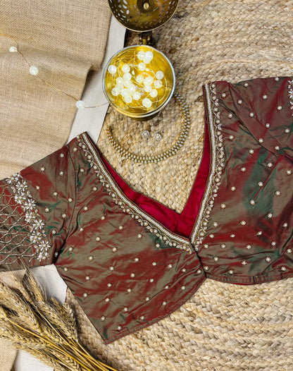Green and Maroon Dual Tone Bridal Blouse with Handcrafted Zardosi - WEVOW