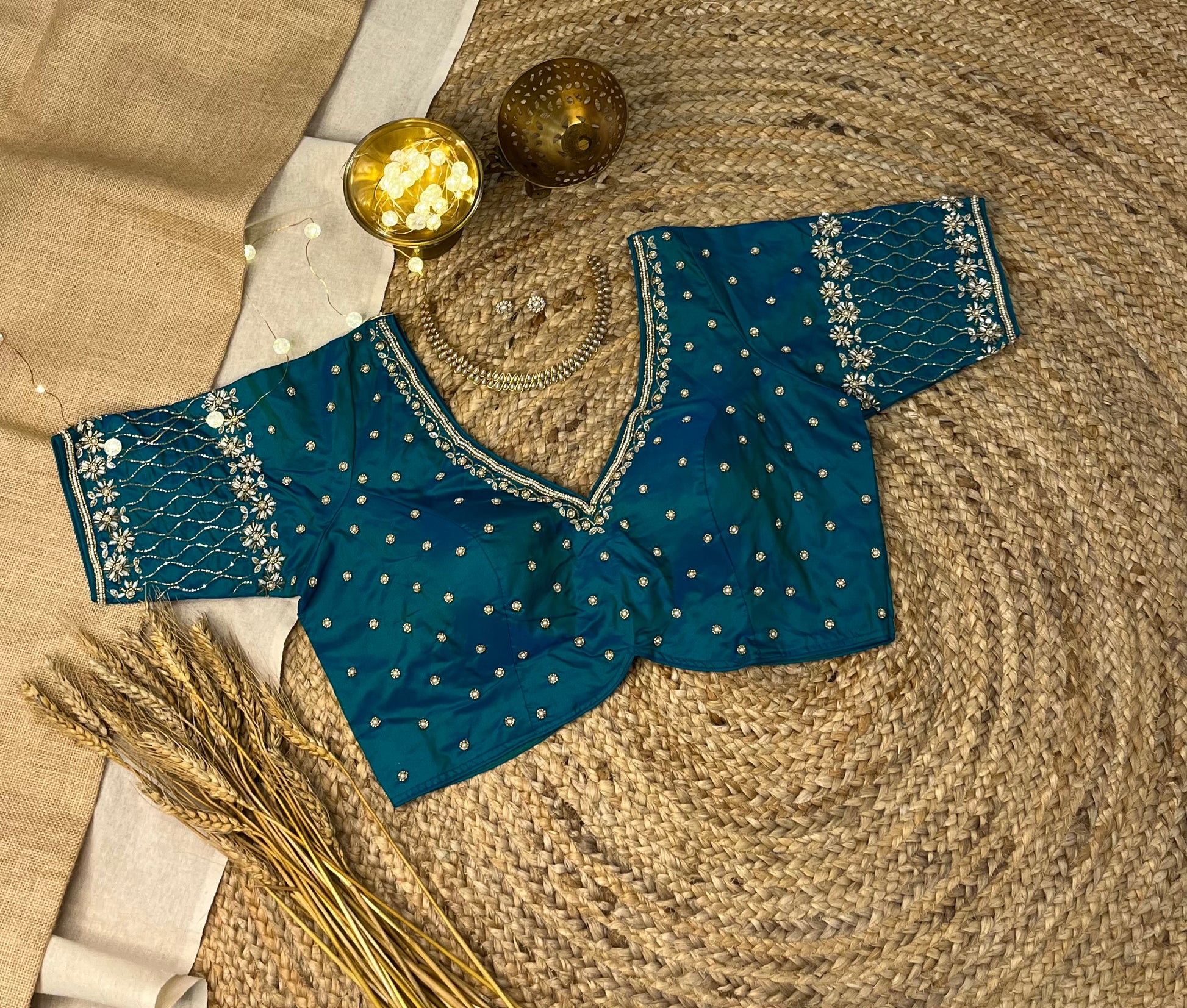 Teal Blue and Green Bridal Blouse with Handcrafted Zardosi - WEVOW