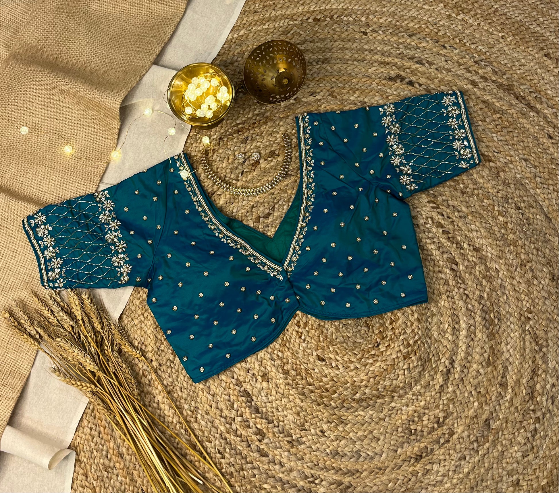 Teal Blue and Green Bridal Blouse with Handcrafted Zardosi - WEVOW
