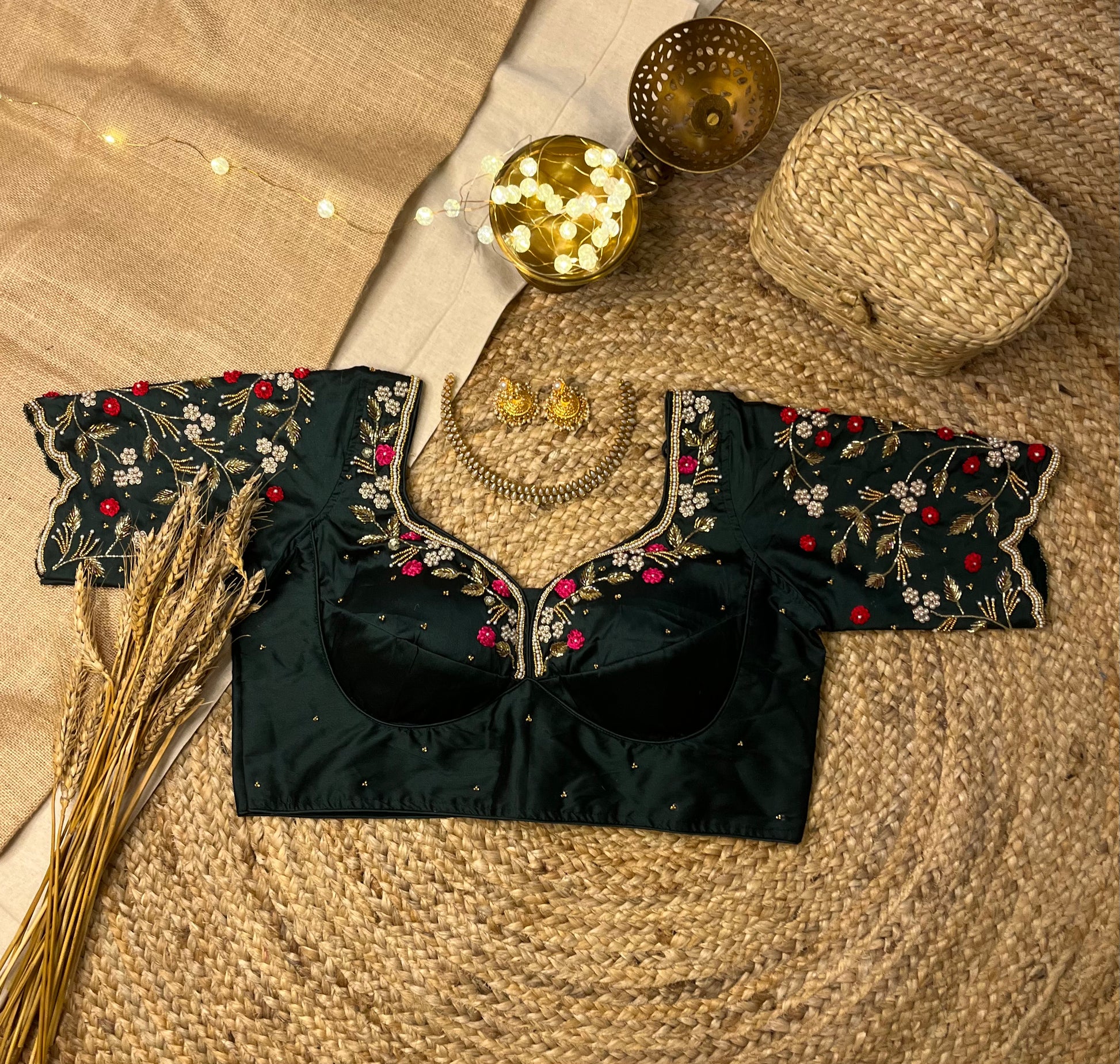 Elegant Handcrafted Bottle Green Bridal Blouse - WEVOW