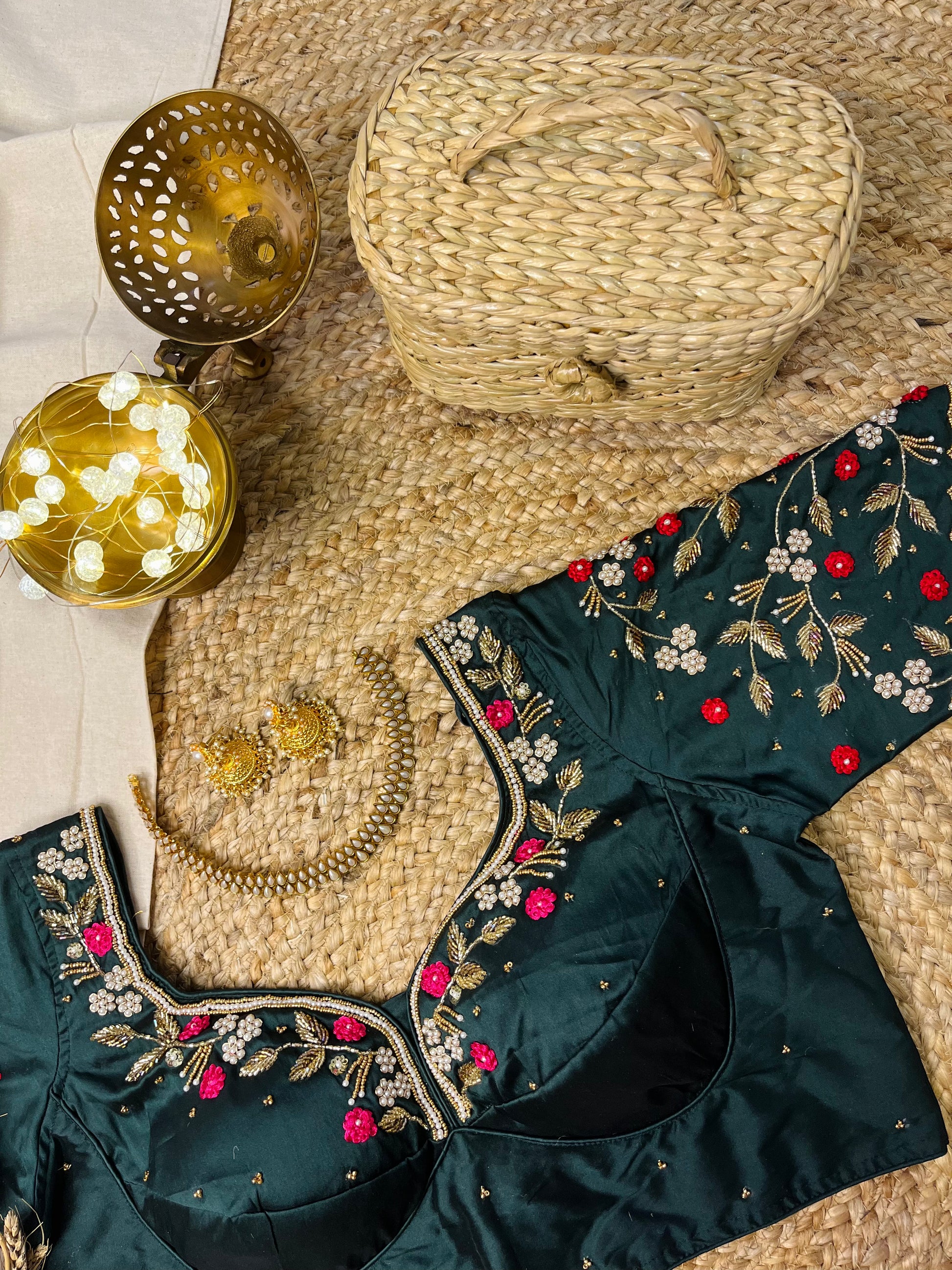 Elegant Handcrafted Bottle Green Bridal Blouse - WEVOW
