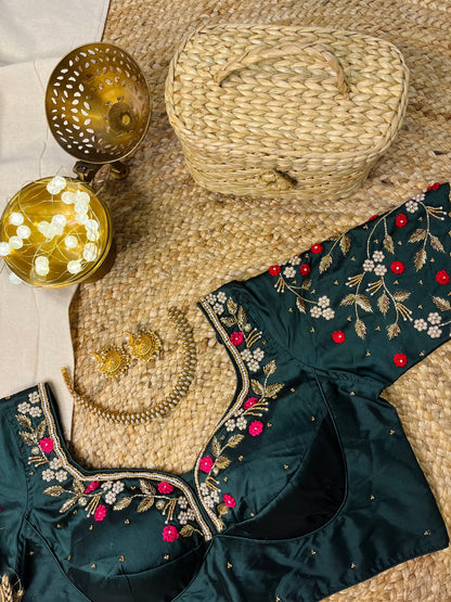 Elegant Handcrafted Bottle Green Bridal Blouse - WEVOW