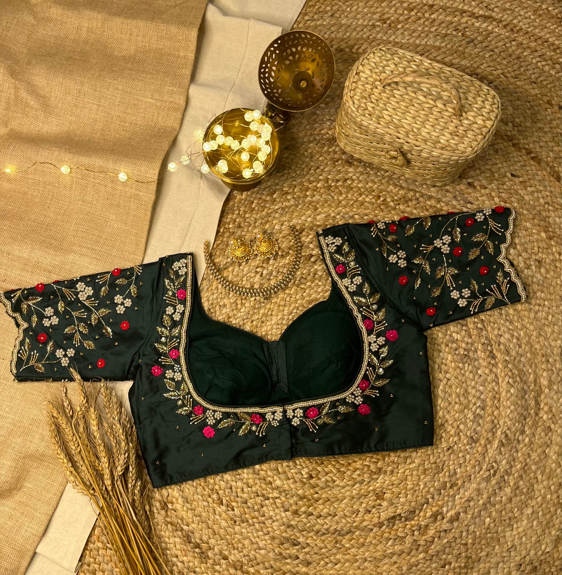 Elegant Handcrafted Bottle Green Bridal Blouse - WEVOW