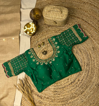 Green Bridal Blouse with Intricate Handwork - WEVOW