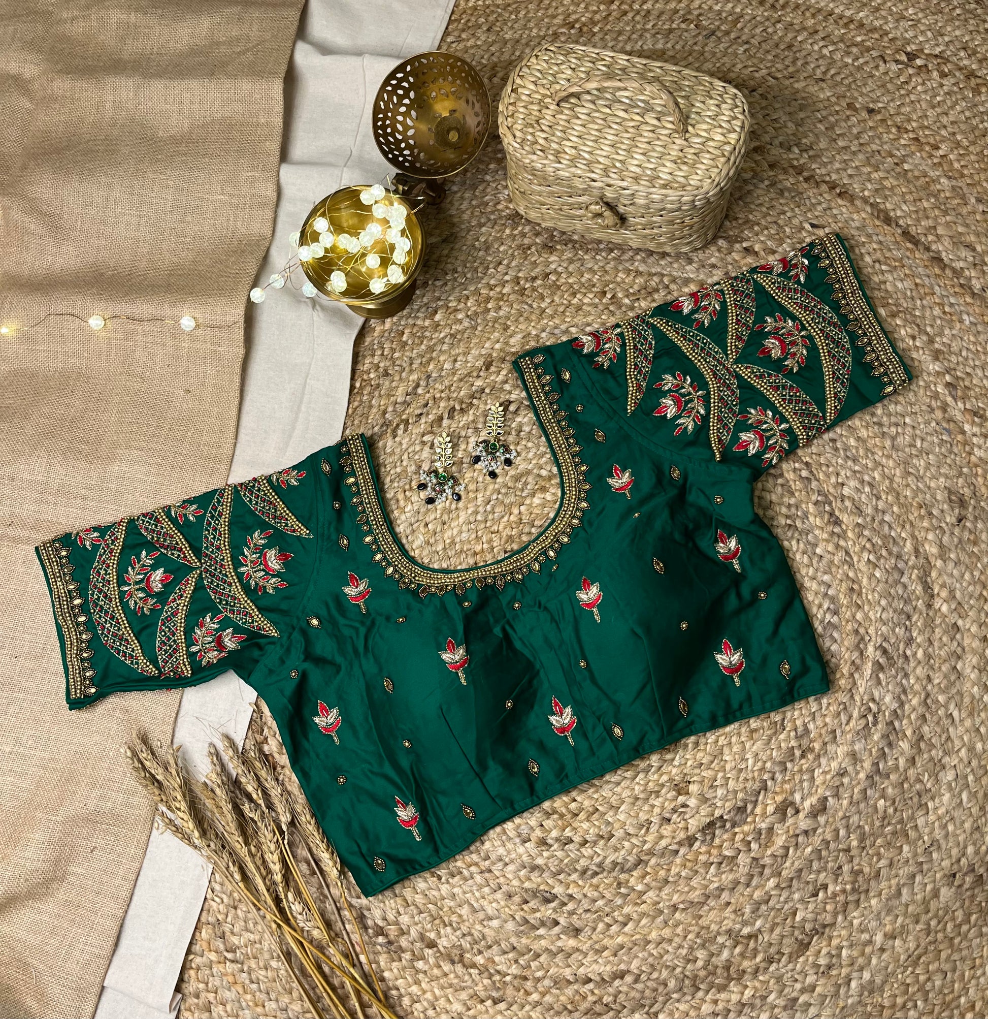 Opulent Forest Green Bridal Blouse with Kundan Embellishments - WEVOW