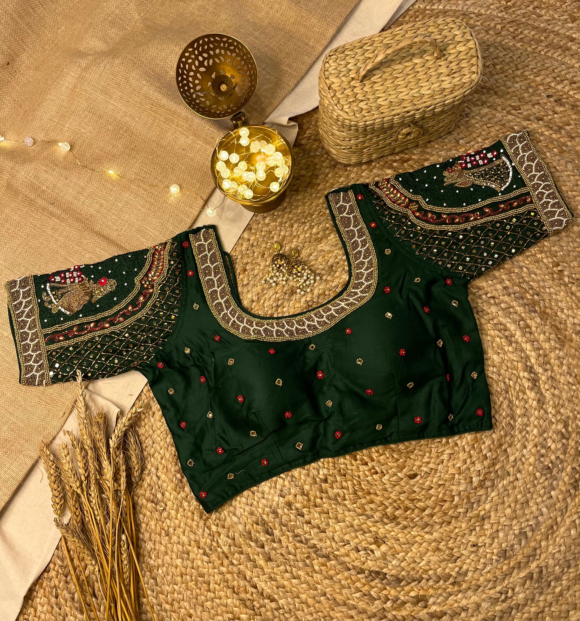Dark Green Bridal Blouse with Elegant Embroidery - WEVOW
