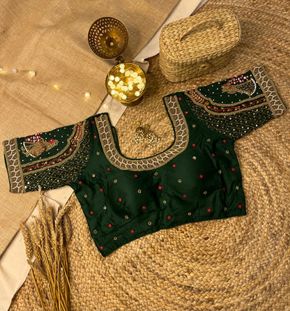 Dark Green Bridal Blouse with Elegant Embroidery - WEVOW