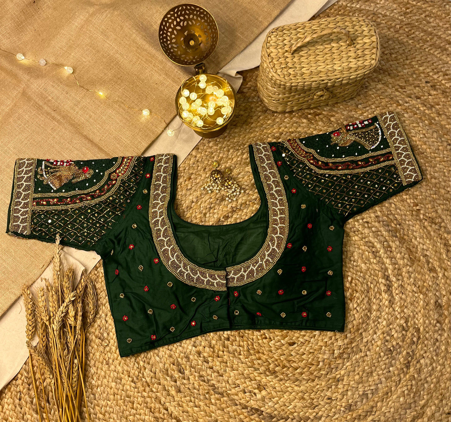 Dark Green Bridal Blouse with Elegant Embroidery - WEVOW