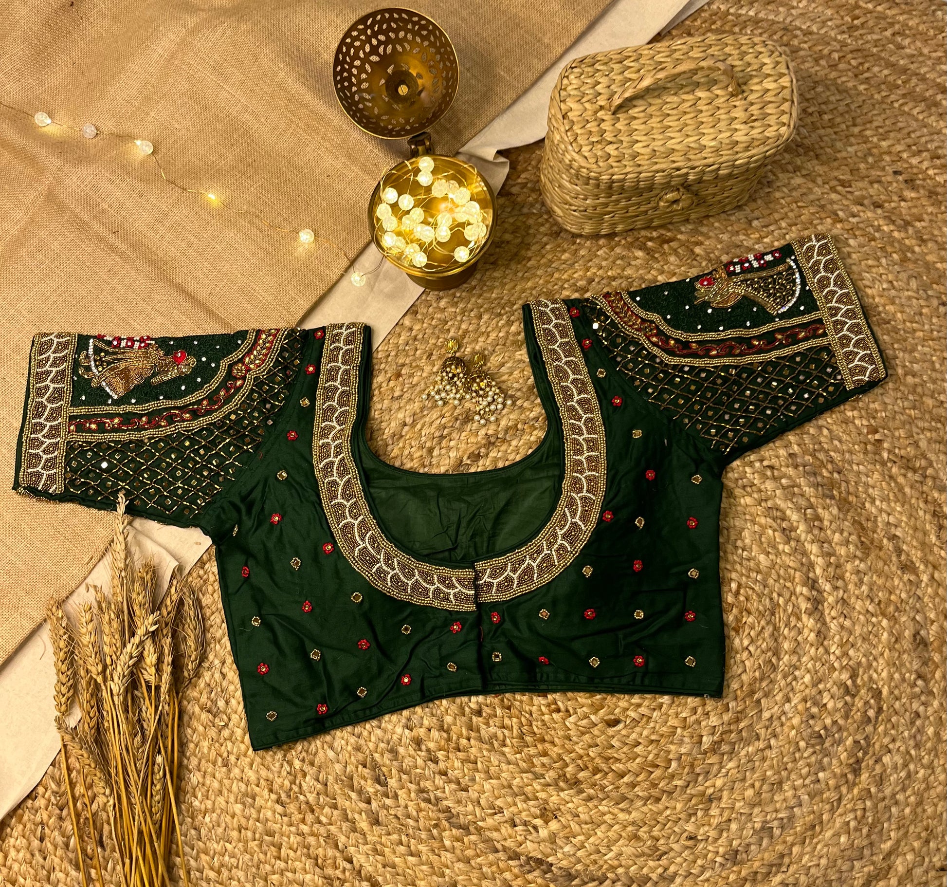 Dark Green Bridal Blouse with Elegant Embroidery - WEVOW