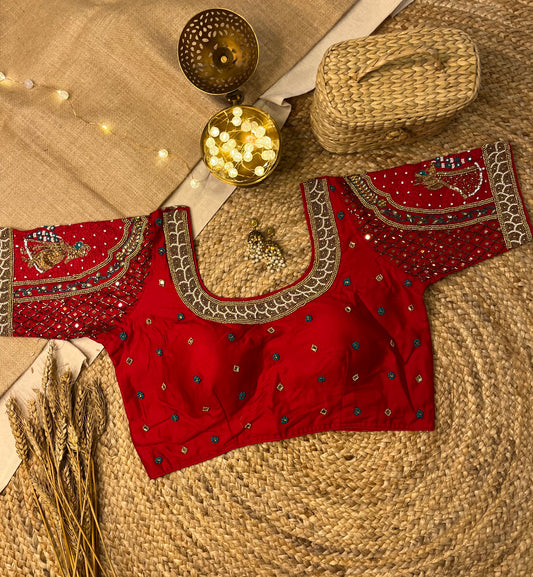 Bright Red Bridal Blouse with Elegant Threadwork - WEVOW