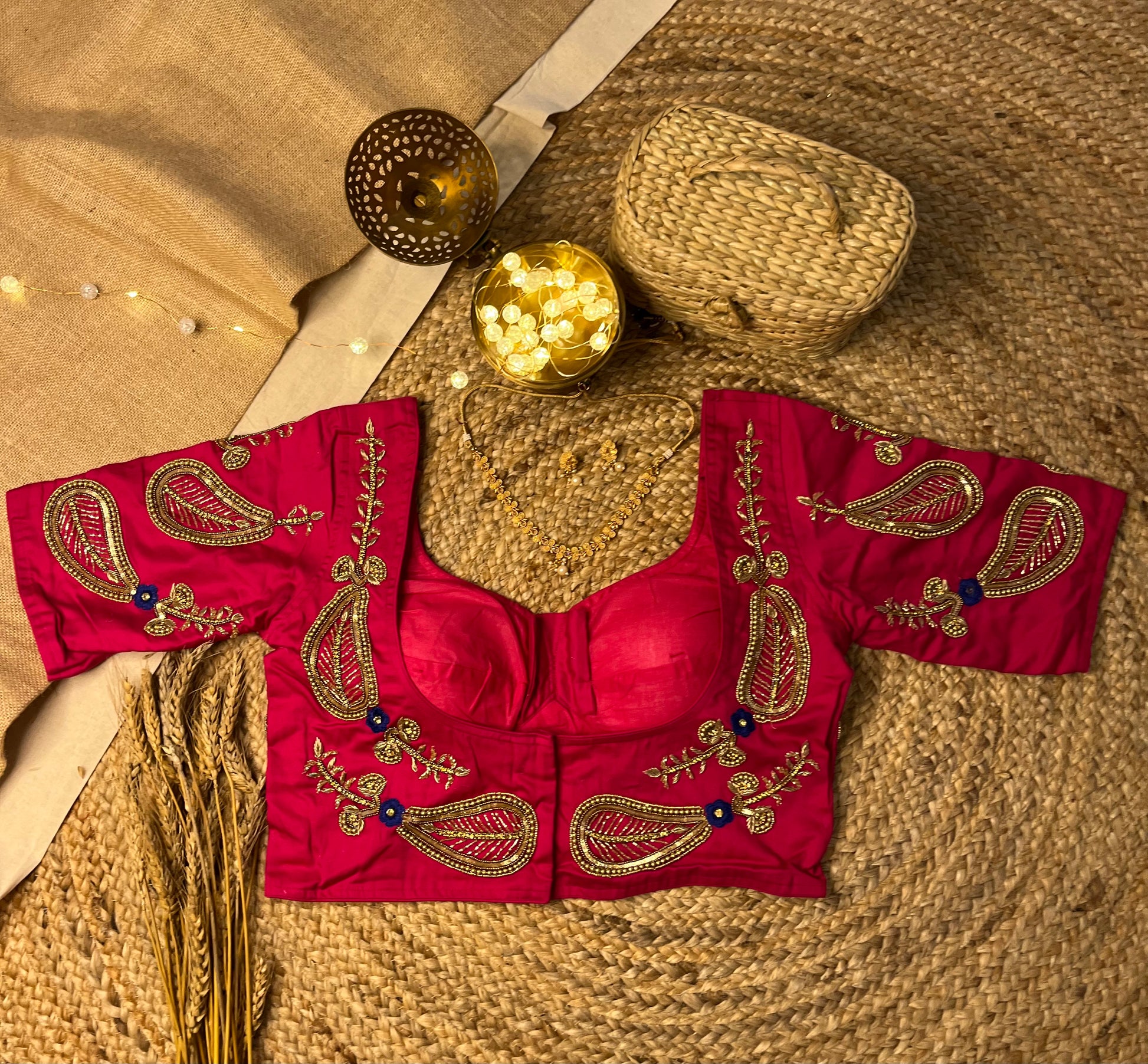 Handwork Cherry pink Bridal Blouse with Pearl Accents - WEVOW