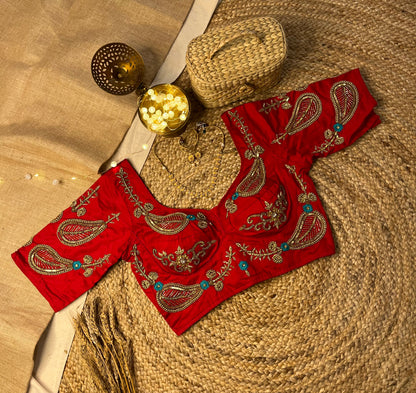 Handwork Cherry Red Bridal Blouse with Pearl Accents - WEVOW