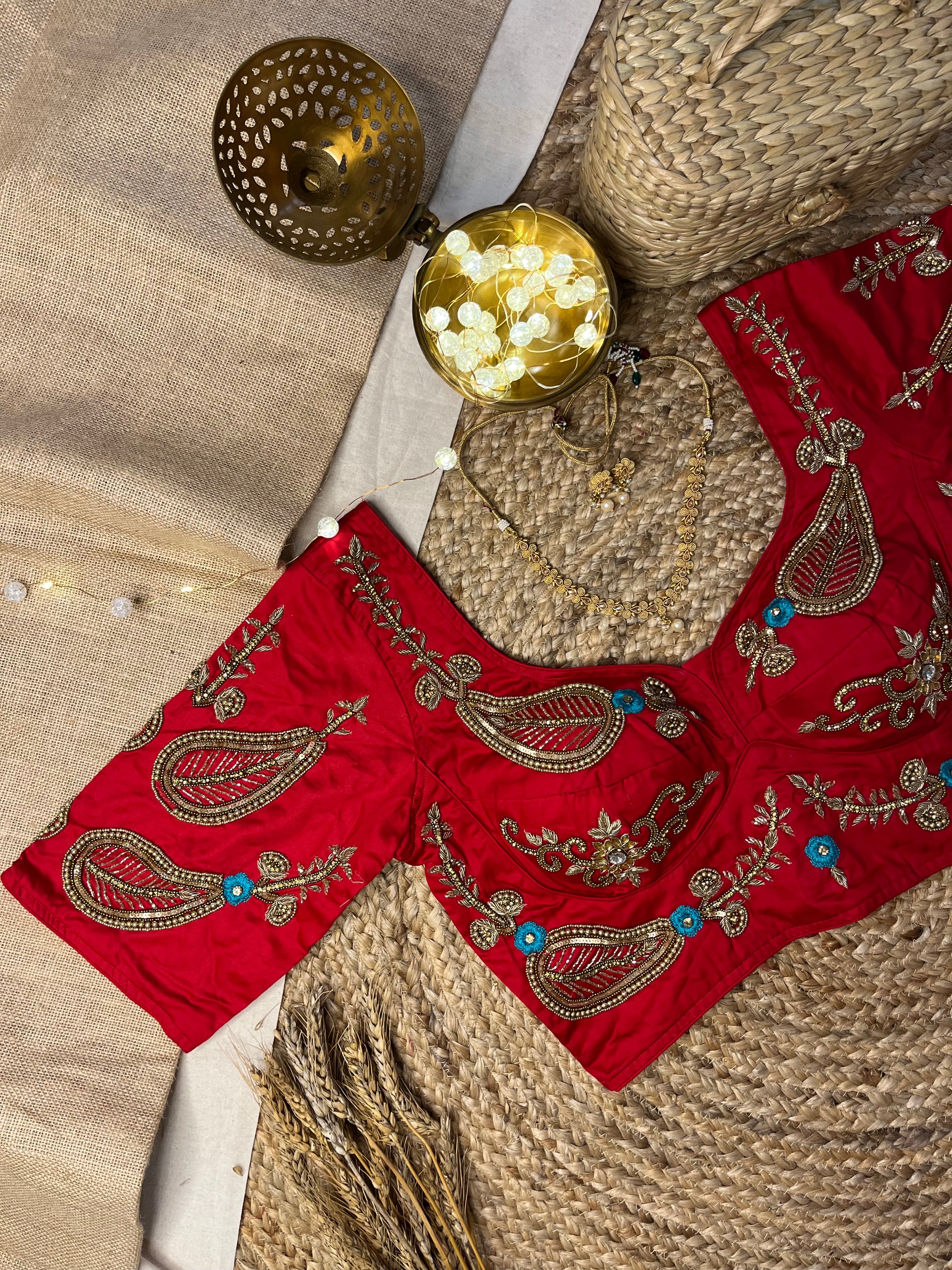 Handwork Cherry Red Bridal Blouse with Pearl Accents - WEVOW
