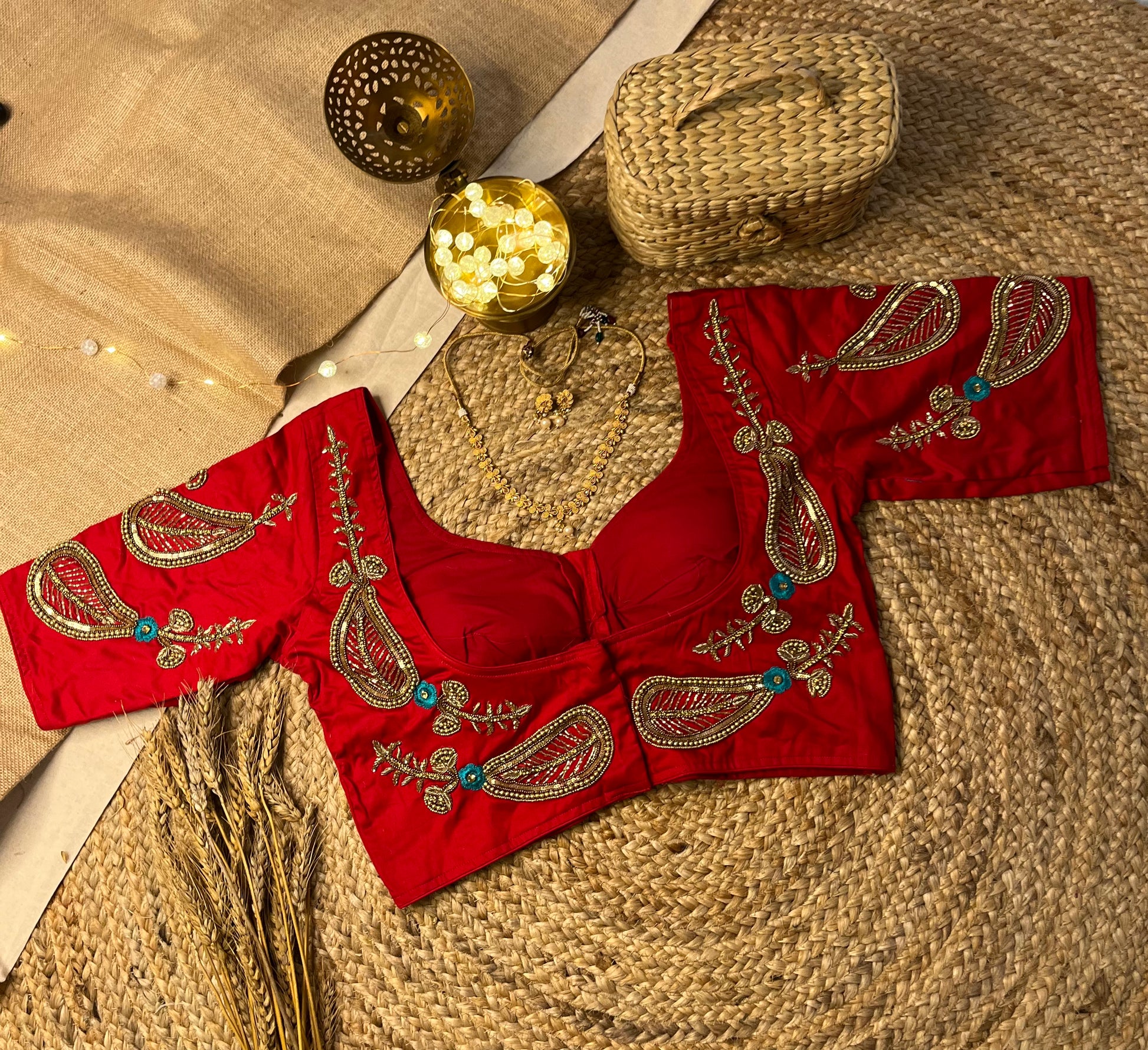 Handwork Cherry Red Bridal Blouse with Pearl Accents - WEVOW