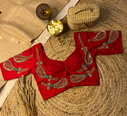 Handwork Cherry Red Bridal Blouse with Pearl Accents - WEVOW