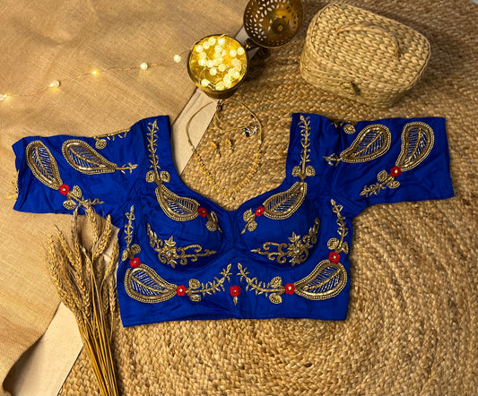 Handwork Royal Blue Bridal Blouse with Pearl Accents - WEVOW