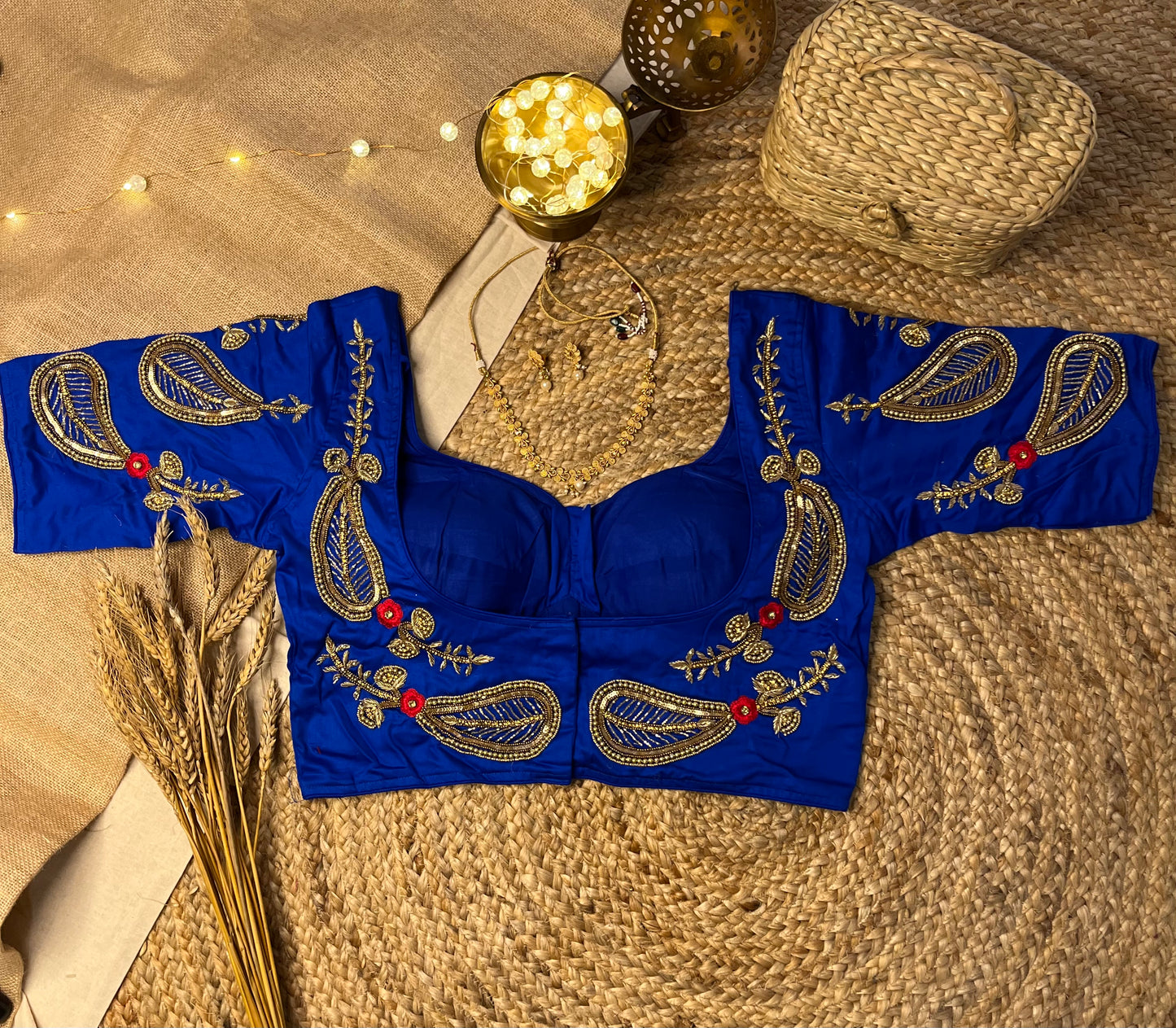 Handwork Royal Blue Bridal Blouse with Pearl Accents - WEVOW