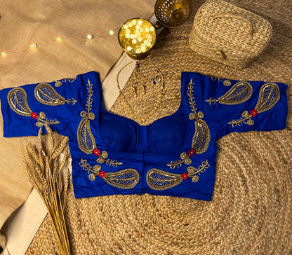 Handwork Royal Blue Bridal Blouse with Pearl Accents - WEVOW
