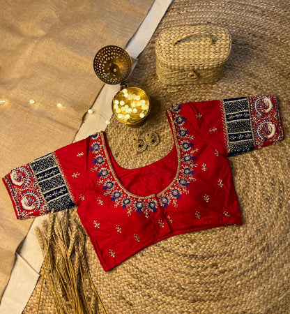 Red Bridal Blouse with Artisan Threadwork - WEVOW