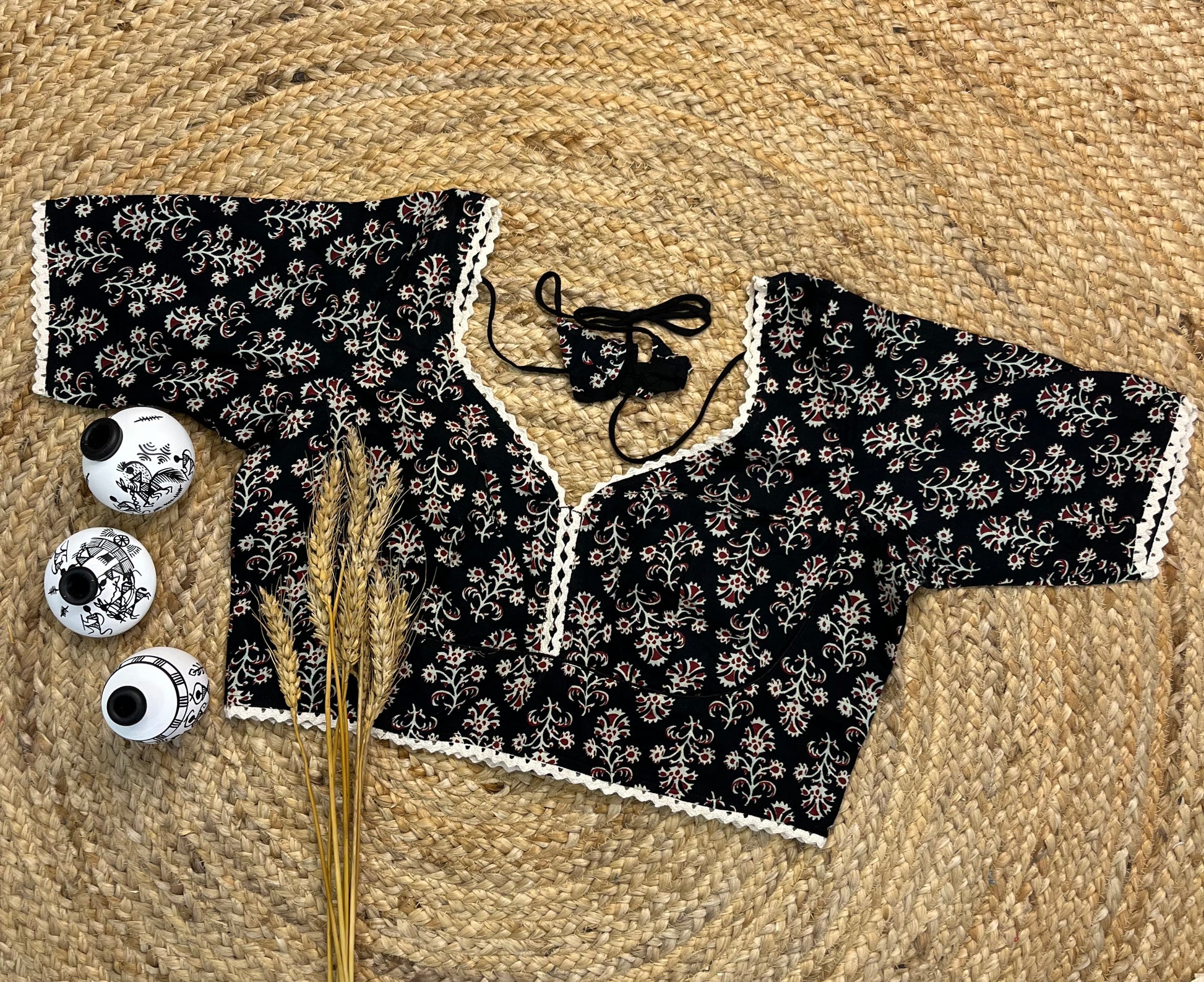 Stylish Printed Black Punjabi Neck Blouse WEVOW