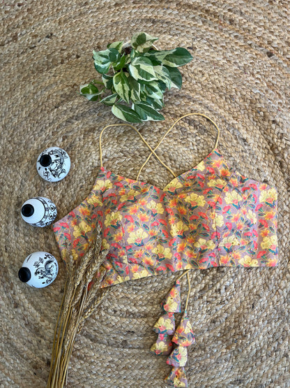 Hakoba Digital Print Noodle Strap Corset Blouse – Vibrant Yellow & Multi-Color Cotton Elegance