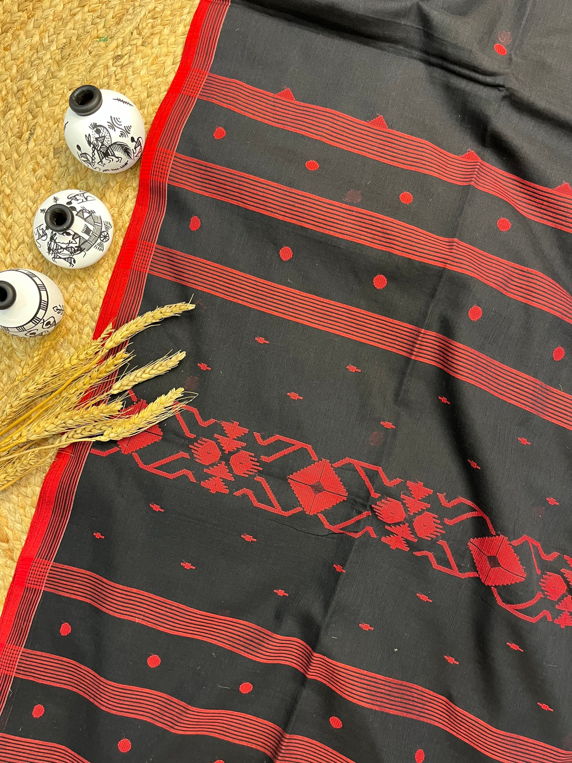 Elegant Black Saree with Red Buta all over in the Saree - WEVOW