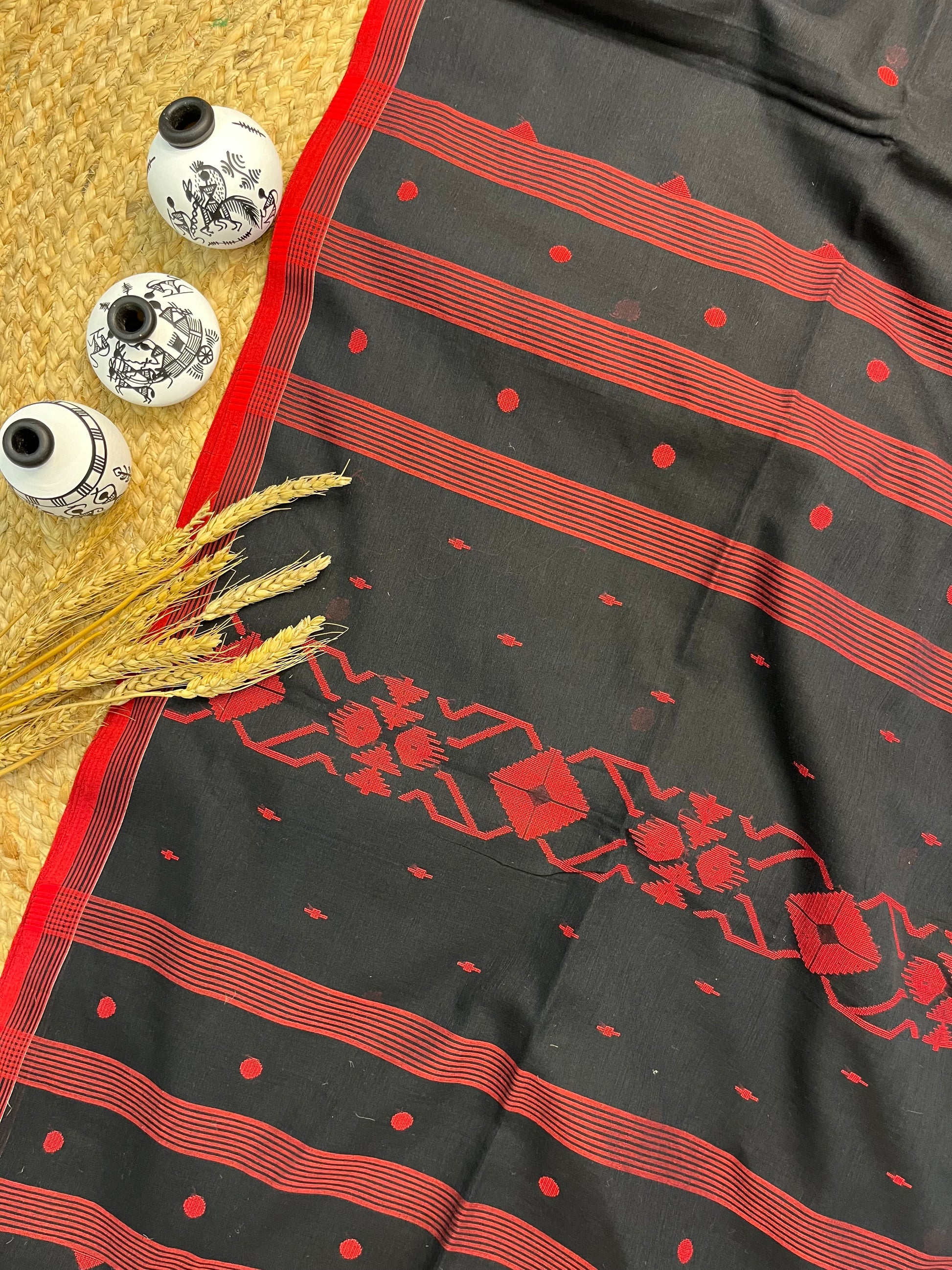 Elegant Black Saree with Red Buta all over in the Saree - WEVOW