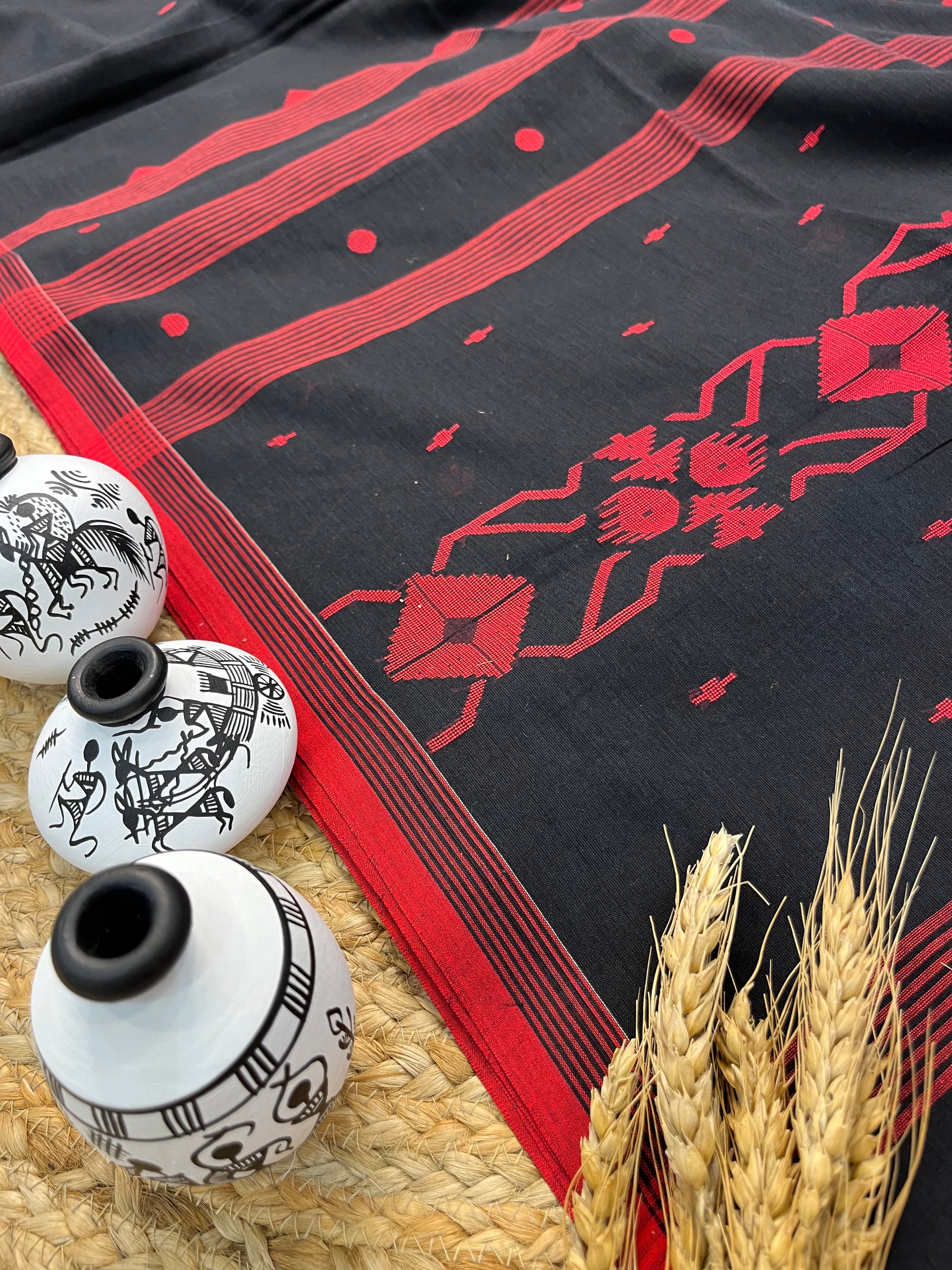 Elegant Black Saree with Red Buta all over in the Saree - WEVOW