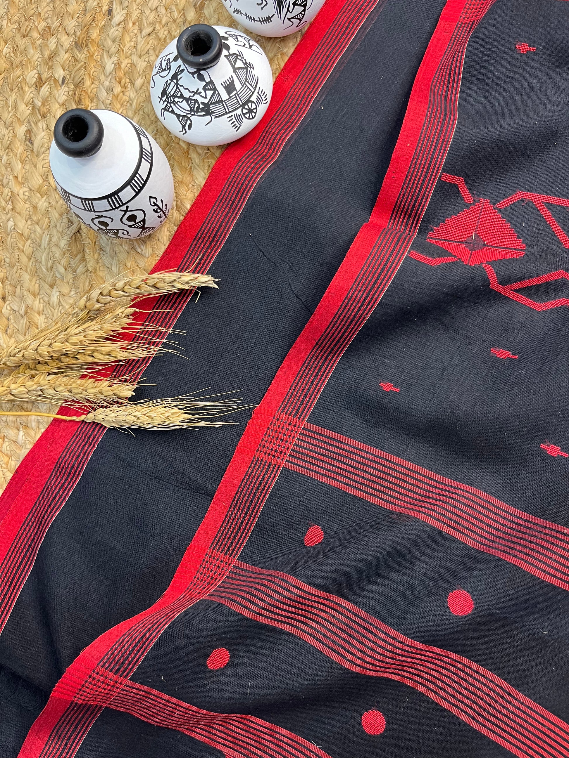 Elegant Black Saree with Red Buta all over in the Saree - WEVOW