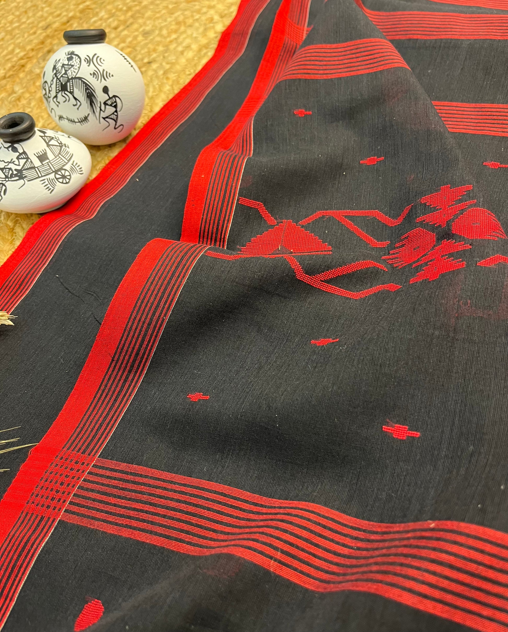 Elegant Black Saree with Red Buta all over in the Saree - WEVOW