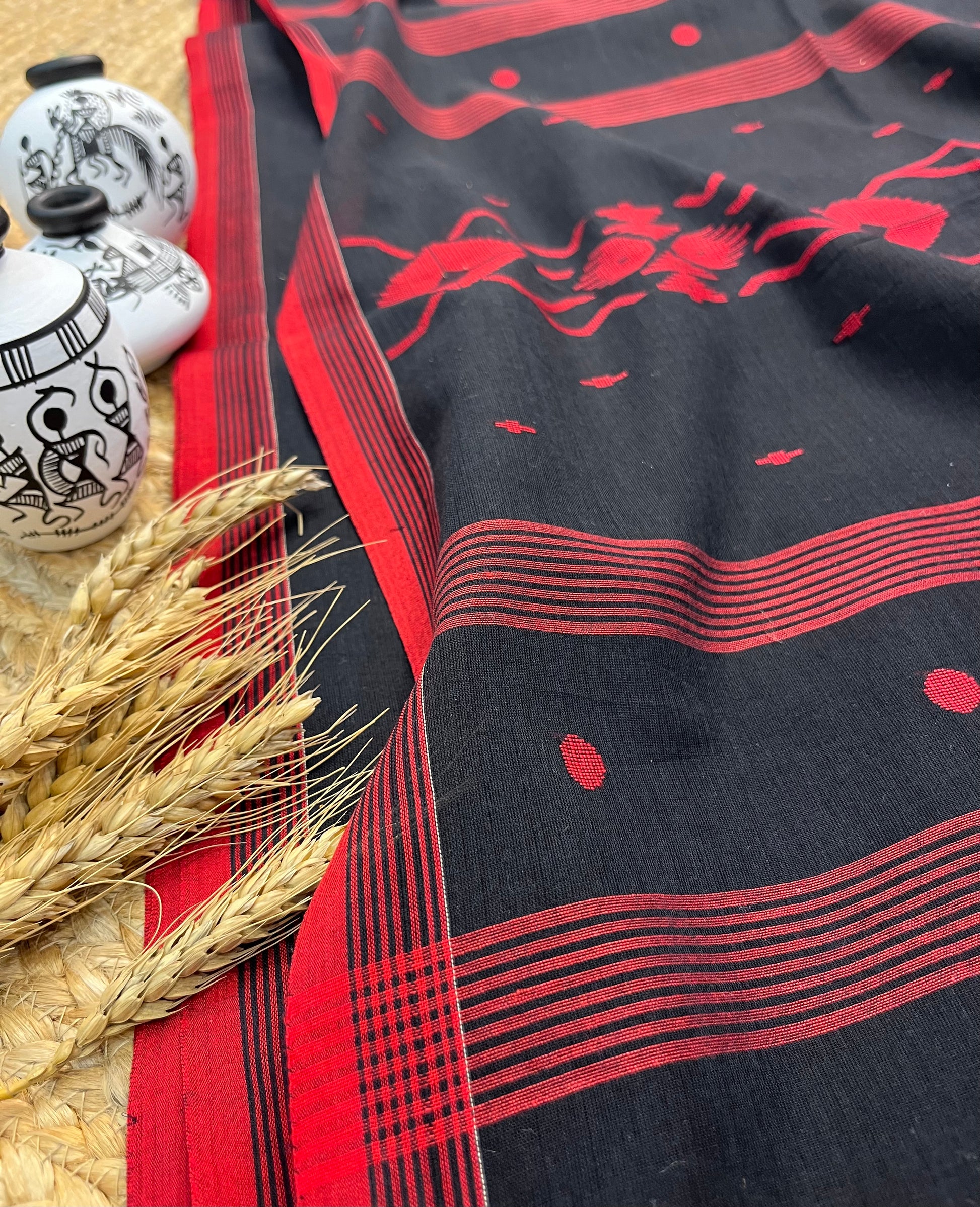 Elegant Black Saree with Red Buta all over in the Saree - WEVOW
