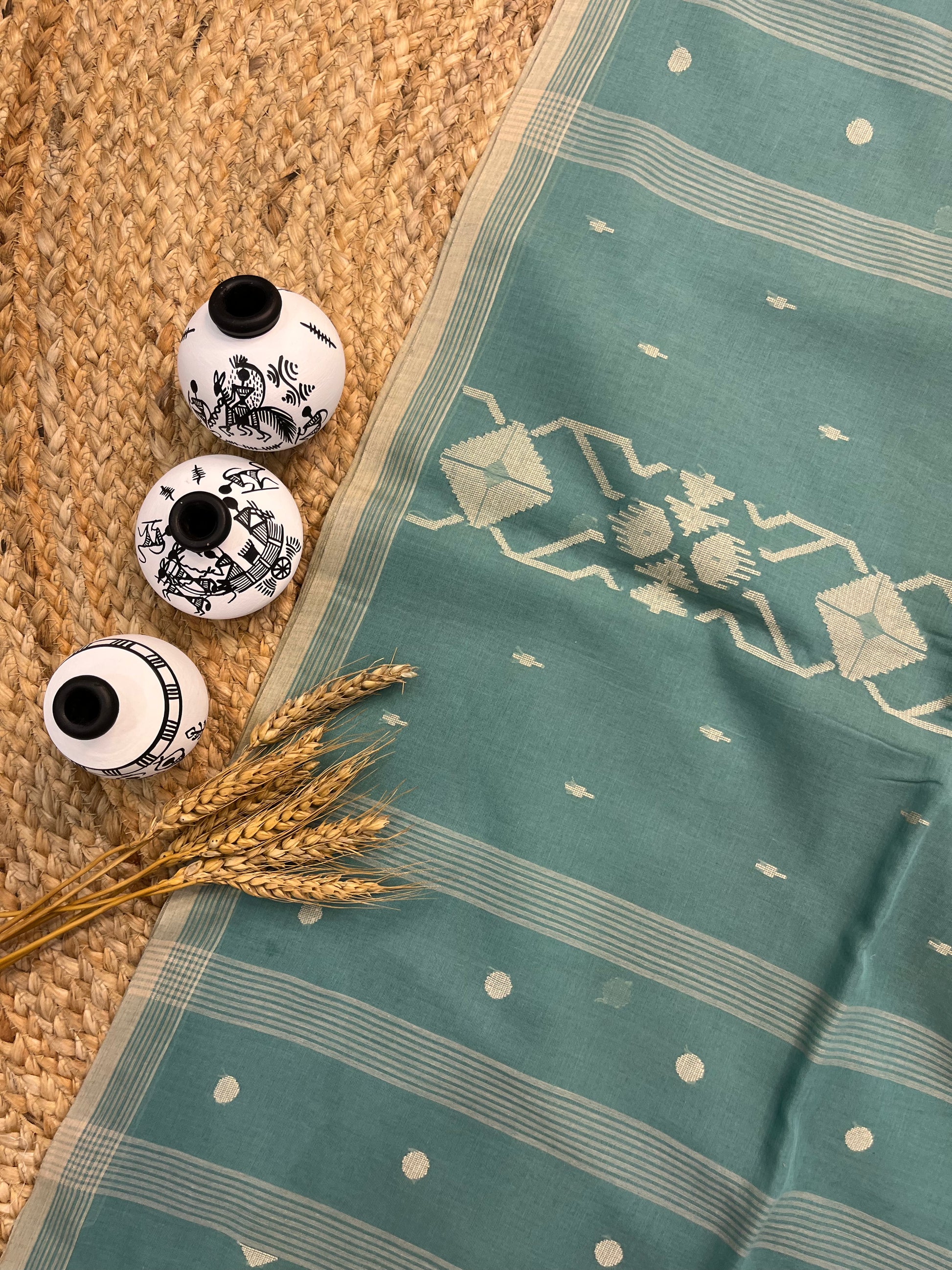 Sea Green Cotton Saree with Beige Border with all over Buta work - WEVOW