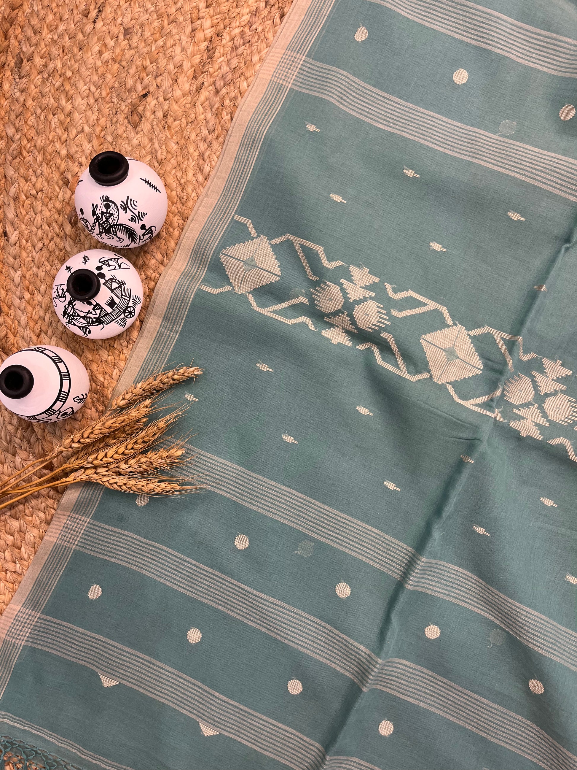 Sea Green Cotton Saree with Beige Border with all over Buta work - WEVOW