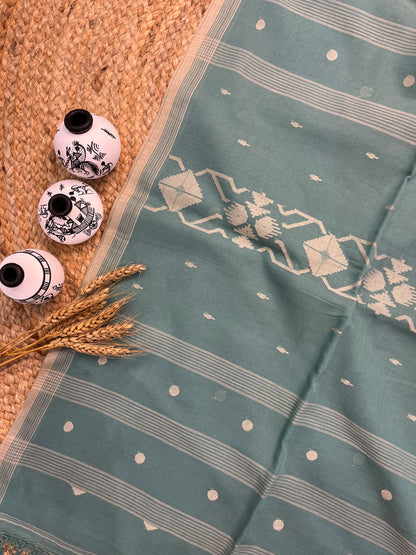 Sea Green Cotton Saree with Beige Border with all over Buta work - WEVOW