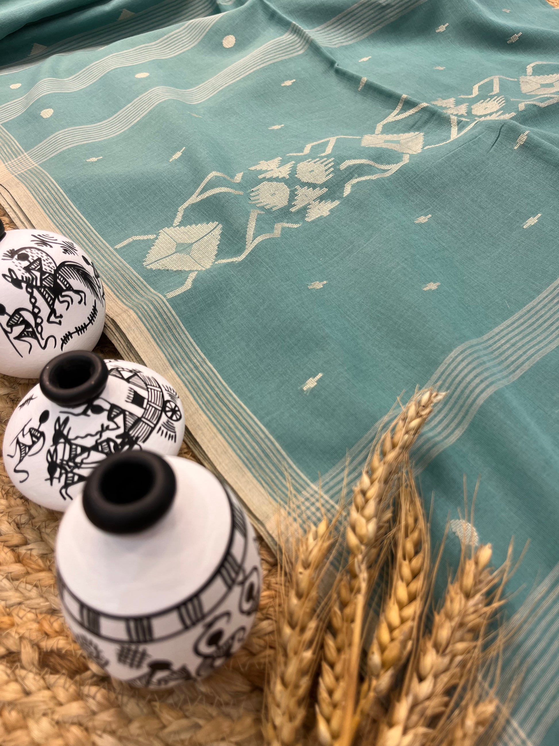 Sea Green Cotton Saree with Beige Border with all over Buta work - WEVOW