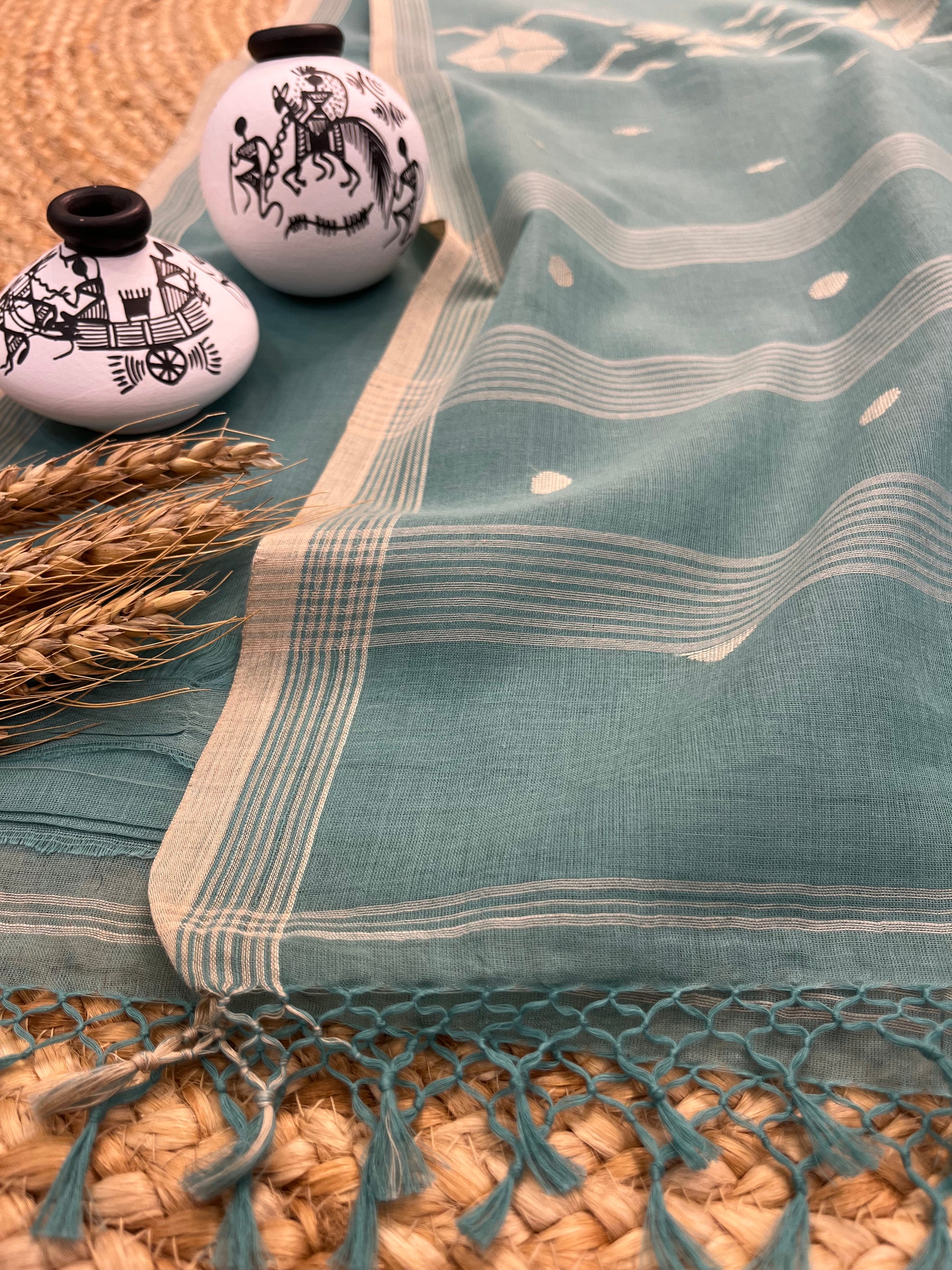 Sea Green Cotton Saree with Beige Border with all over Buta work - WEVOW