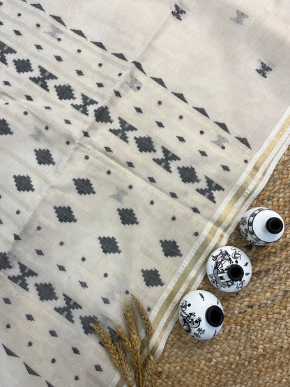 Off-White Handwoven Cotton Saree with Geometric Motifs - WEVOW