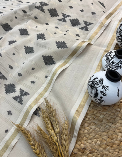Off-White Handwoven Cotton Saree with Geometric Motifs - WEVOW