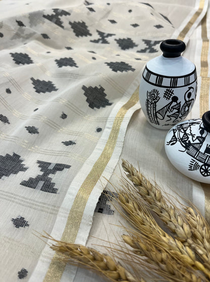 Off-White Handwoven Cotton Saree with Geometric Motifs - WEVOW
