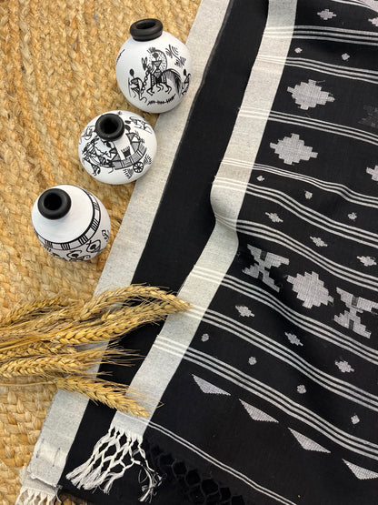 Elegant Black and White Handwoven Cotton Saree with Geometric Patterns - WEVOW