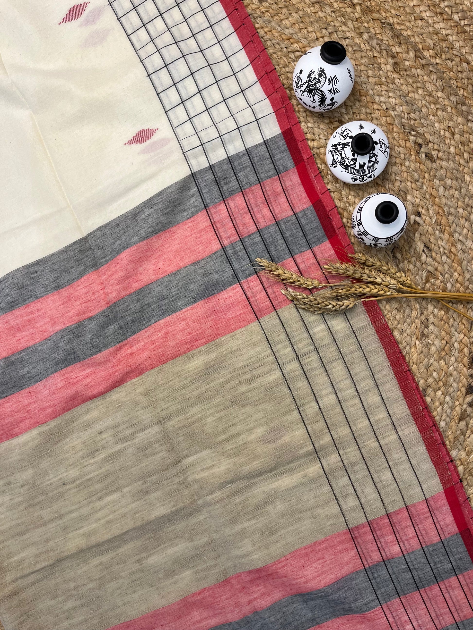 Elegant Handwoven Linen Saree with Multicolored Stripes - WEVOW