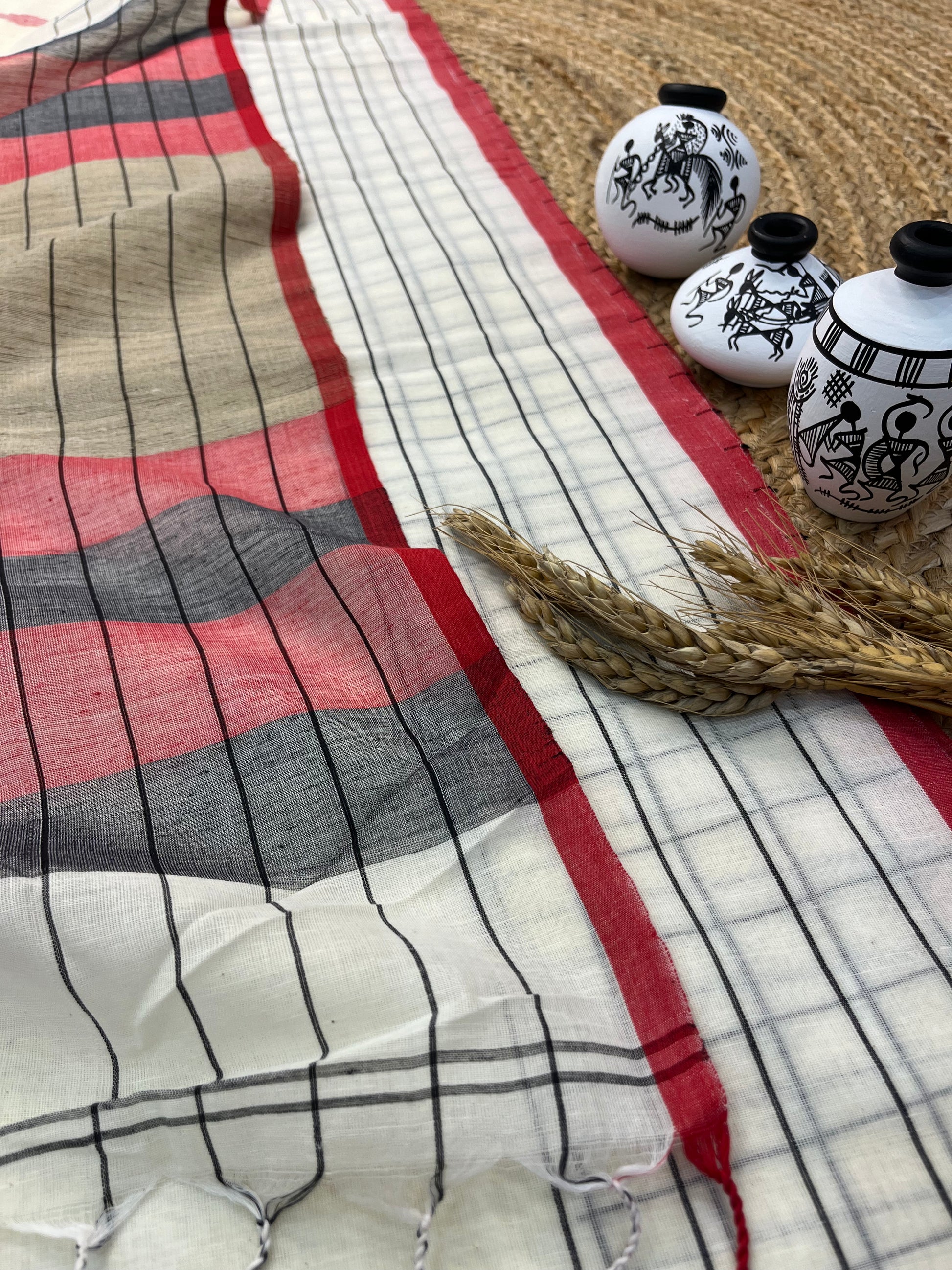 Elegant Handwoven Linen Saree with Multicolored Stripes - WEVOW
