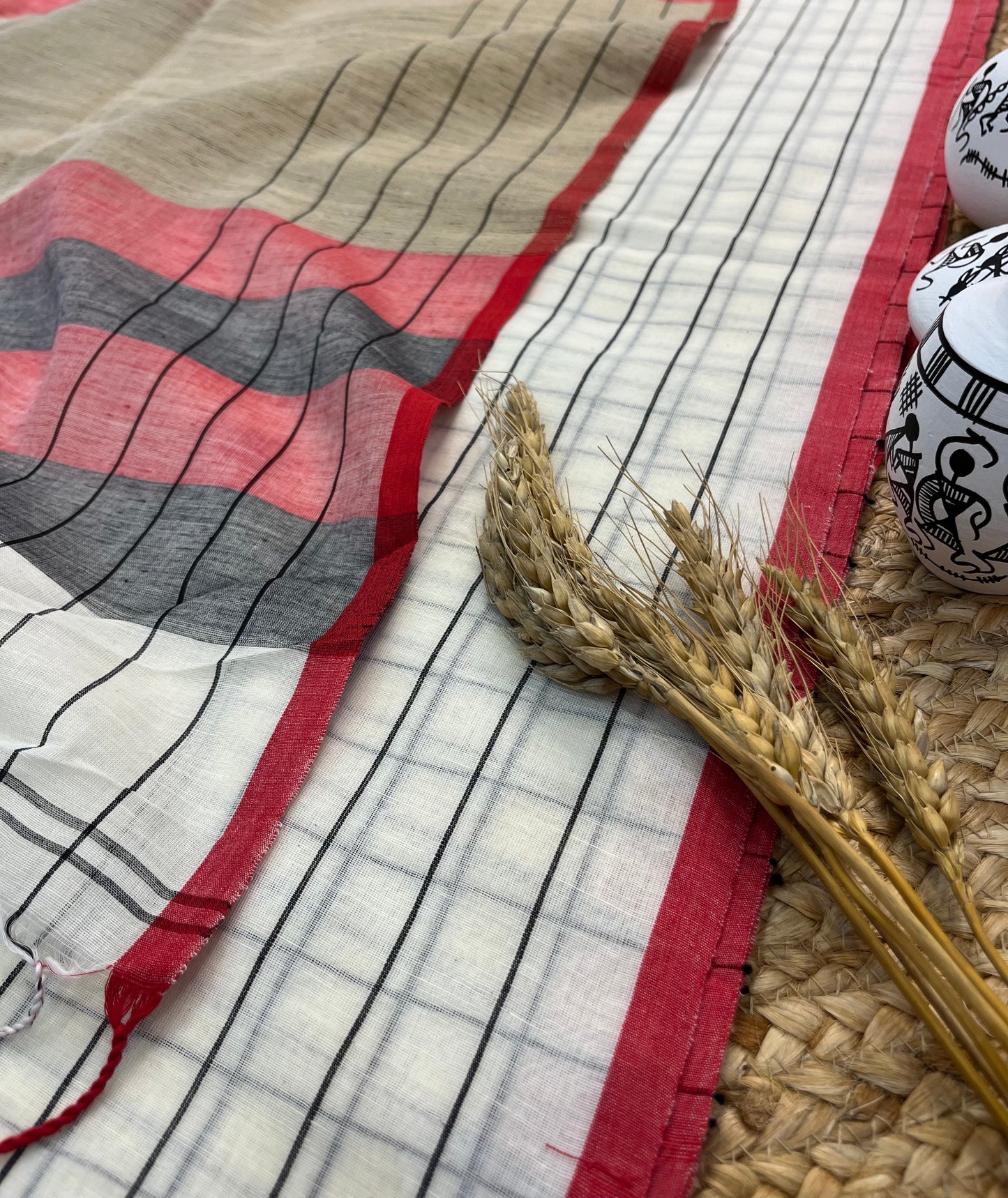 Elegant Handwoven Linen Saree with Multicolored Stripes - WEVOW