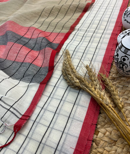 Elegant Handwoven Linen Saree with Multicolored Stripes - WEVOW