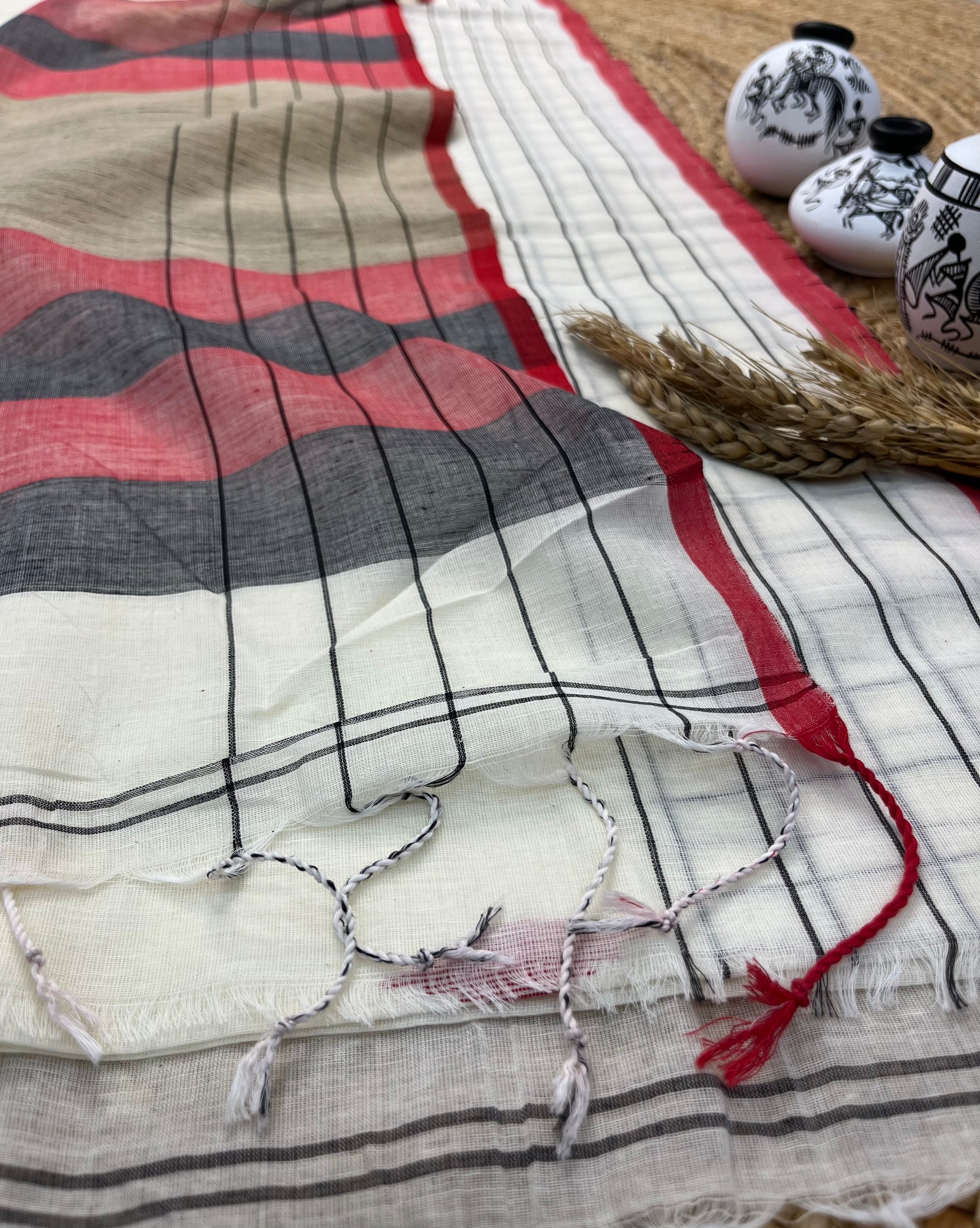 Elegant Handwoven Linen Saree with Multicolored Stripes - WEVOW