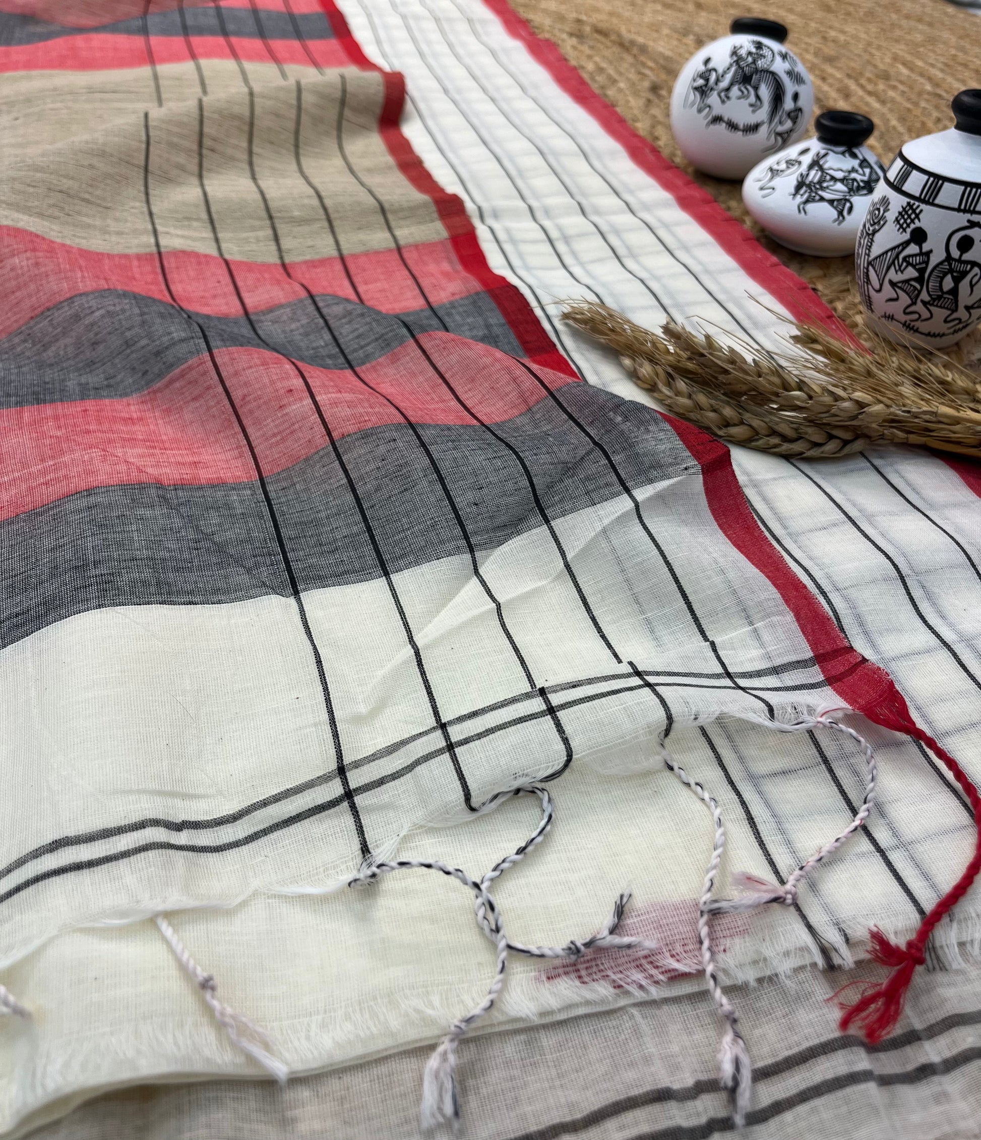 Elegant Handwoven Linen Saree with Multicolored Stripes - WEVOW