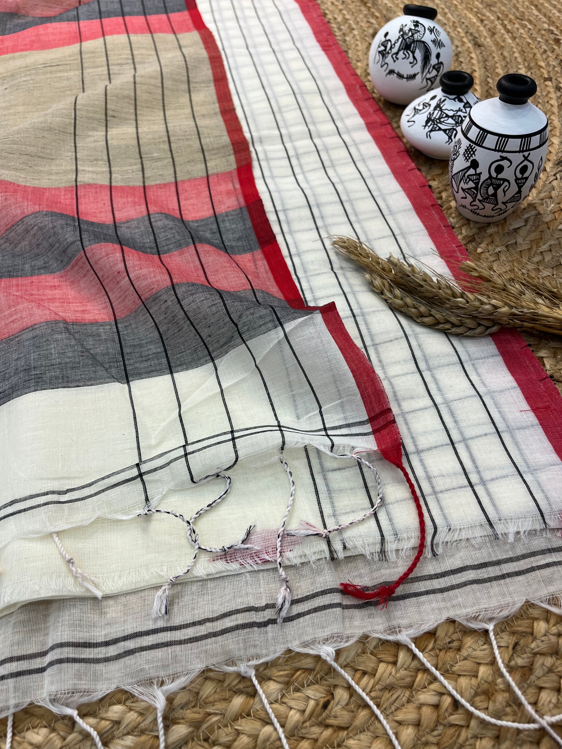 Elegant Handwoven Linen Saree with Multicolored Stripes - WEVOW