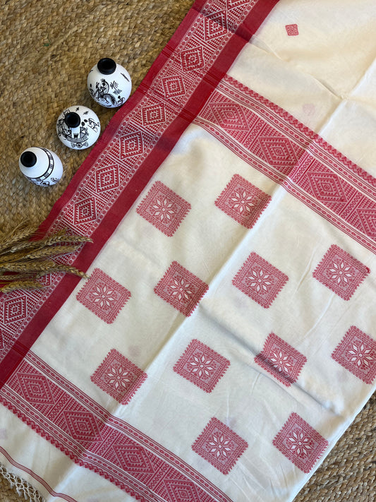 Traditional Handwoven Cotton Saree with Red Geometric Patterns - WEVOW