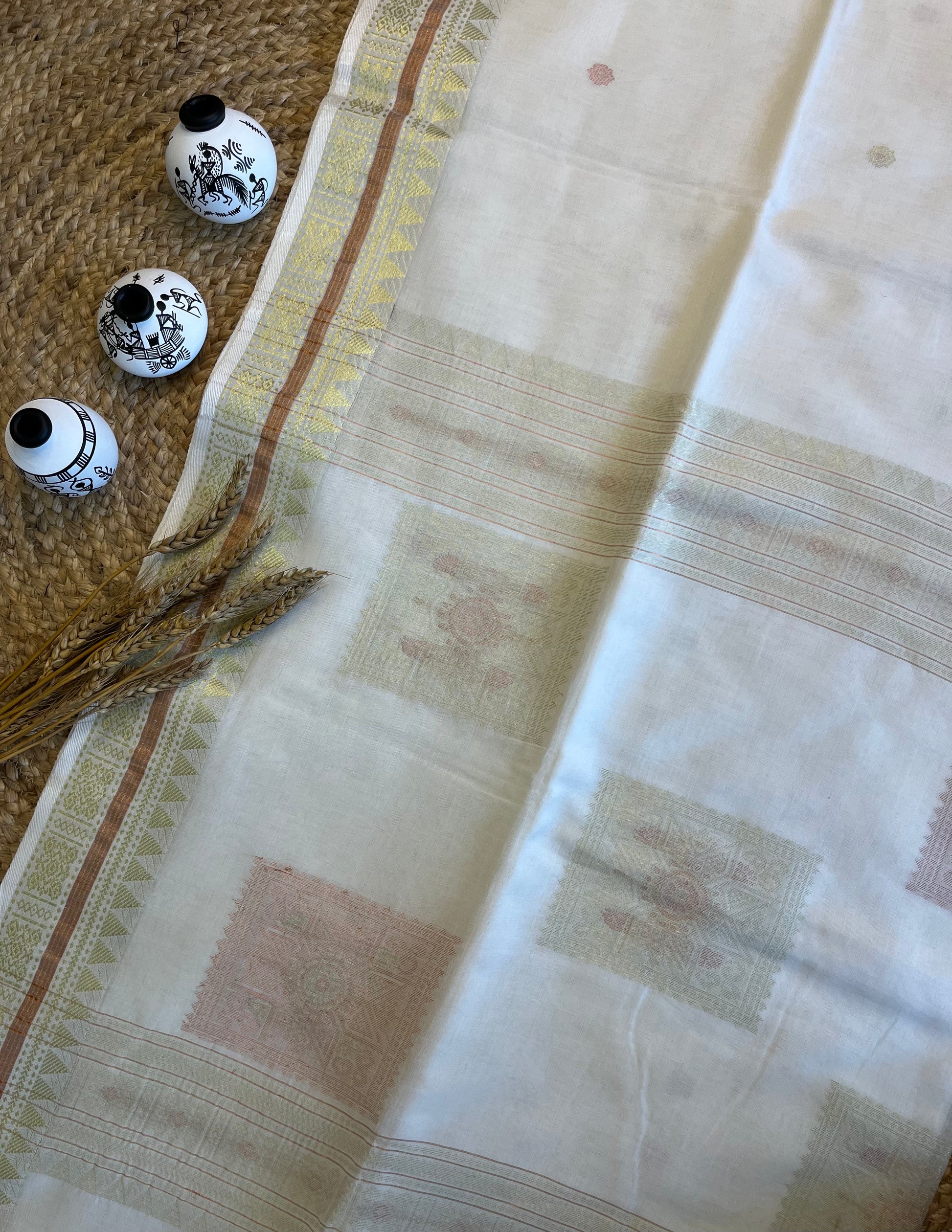 Golden Grace Handwoven Tant Saree - WEVOW