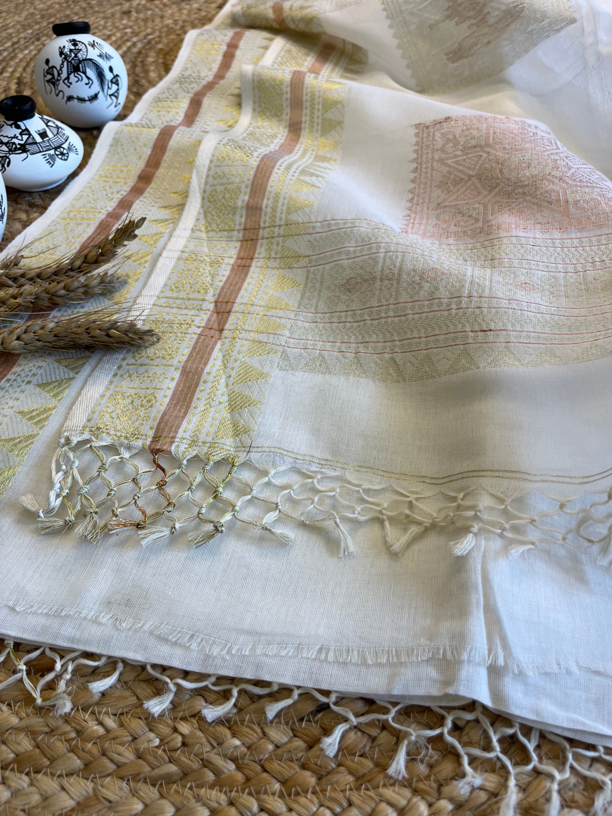 Golden Grace Handwoven Tant Saree - WEVOW